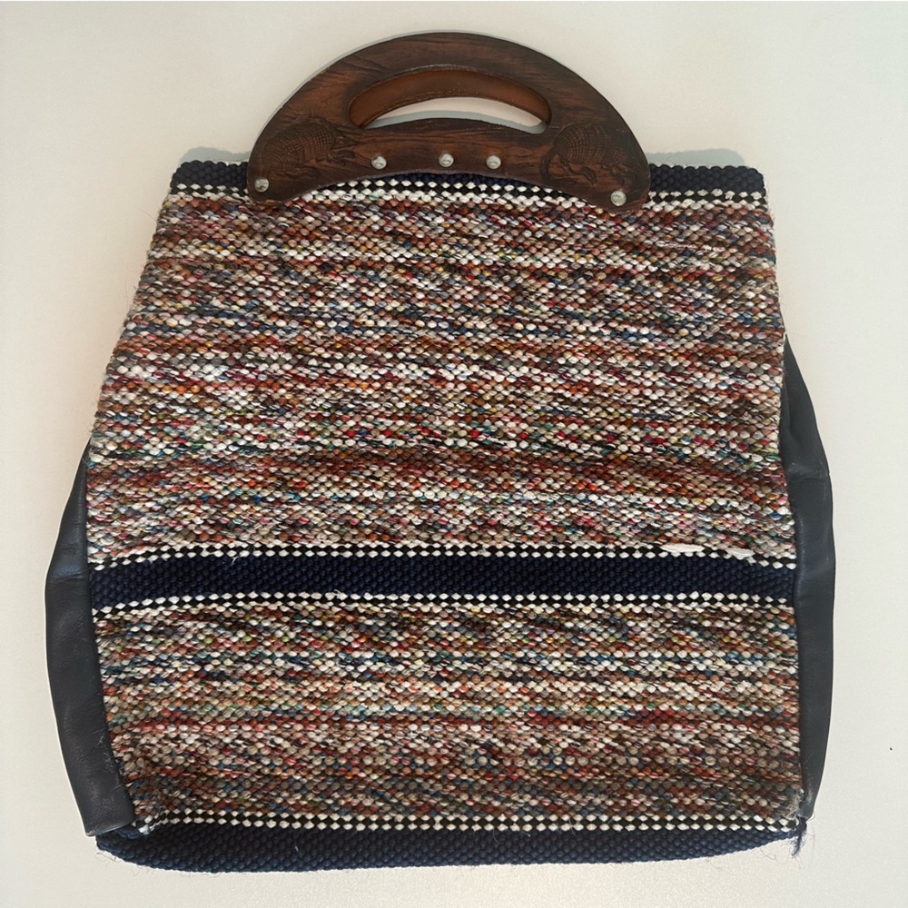 Vintage Woven & Leather Tote Purse Leather Handle Boho Artisan Bag